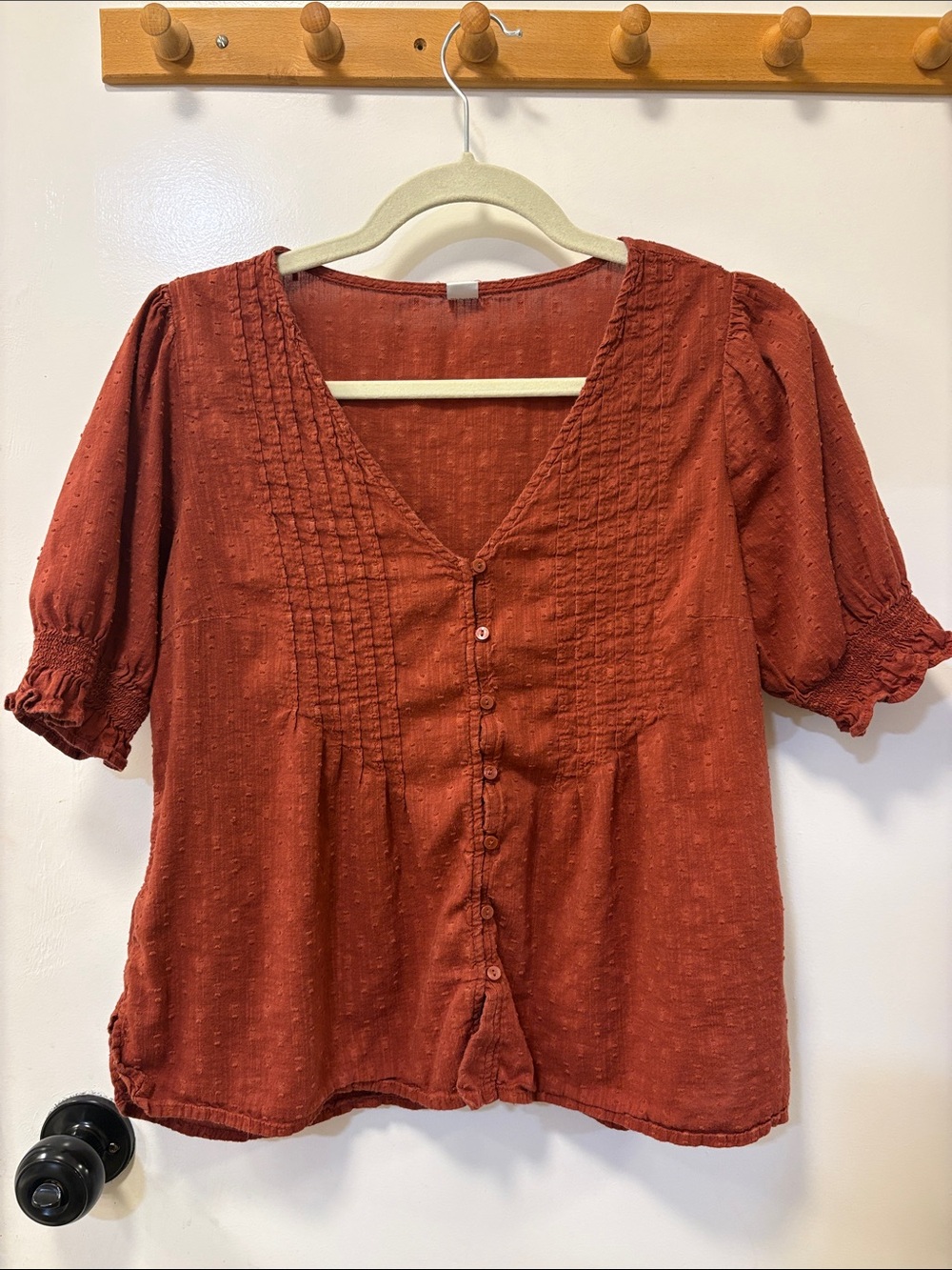 Rust Button-Front V-Neck Women's Top